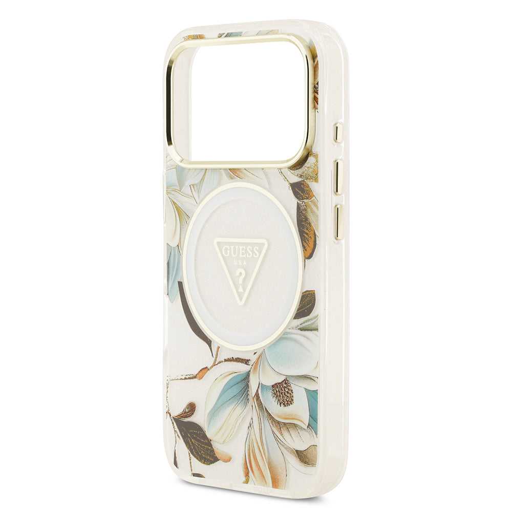 Apple iPhone 17 Pro Kılıf Guess Orjinal Lisanslı M-safe Şarj Özellikli Simli Çiçek Desenli Metal Kamera Çerçeveli Üçgen Logolu Kapak Mor