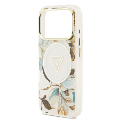 Apple iPhone 17 Pro Kılıf Guess Orjinal Lisanslı M-safe Şarj Özellikli Simli Çiçek Desenli Metal Kamera Çerçeveli Üçgen Logolu Kapak Yeşil