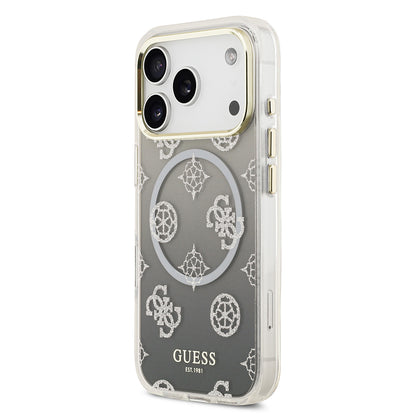 Apple iPhone 17 Pro Kılıf Guess Orjinal Lisanslı M-safe Şarj Özellikli Simli Peony Desenli Silikon Kapak Siyah