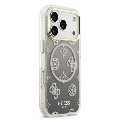 Apple iPhone 17 Pro Kılıf Guess Orjinal Lisanslı M-safe Şarj Özellikli Simli Peony Desenli Silikon Kapak Pembe