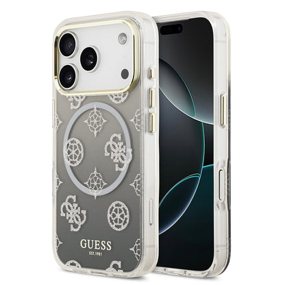 Apple iPhone 17 Pro Kılıf Guess Orjinal Lisanslı M-safe Şarj Özellikli Simli Peony Desenli Silikon Kapak Siyah