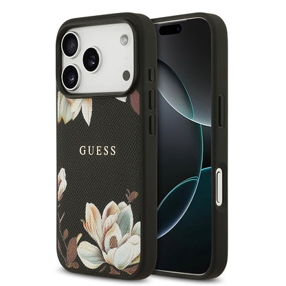 Apple iPhone 17 Pro Kılıf Guess Orjinal Lisanslı M-safe Şarj Özellikli Taneli Çiçek Tasarımlı Metal Yazı Logolu Kapak Siyah