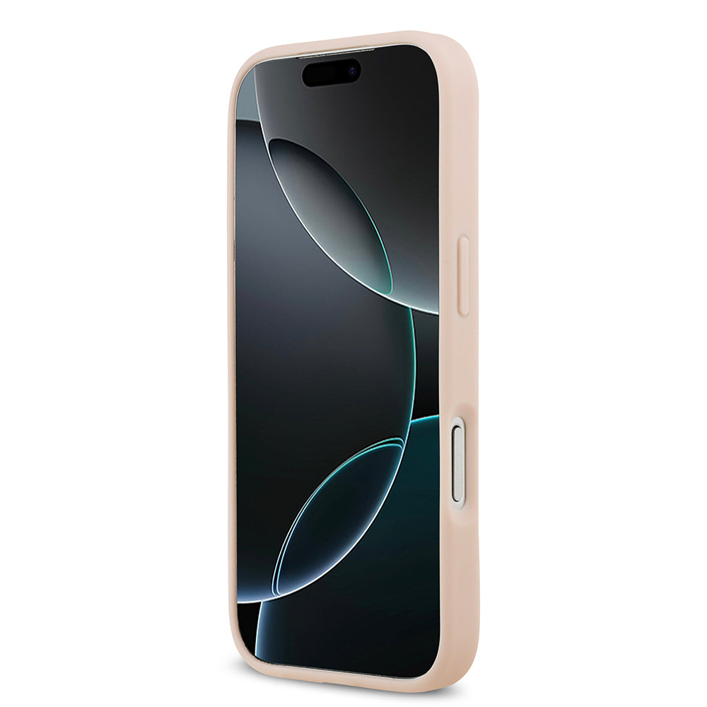 Apple iPhone 17 Pro Kılıf Guess Orjinal Lisanslı M-safe Şarj Özellikli Taneli Çiçek Tasarımlı Metal Yazı Logolu Kapak Pembe
