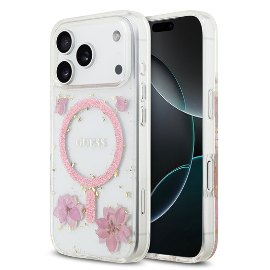 Apple iPhone 17 Pro Kılıf Guess Orjinal Lisanslı M-safe Şarj Özellikli Transparan Resin Flowers Kapak Mor