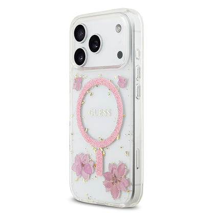 Apple iPhone 17 Pro Kılıf Guess Orjinal Lisanslı M-safe Şarj Özellikli Transparan Resin Flowers Kapak Mor