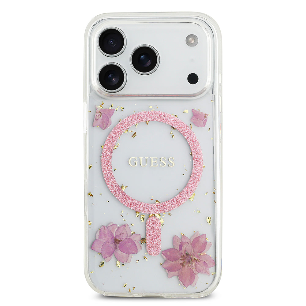 Apple iPhone 17 Pro Kılıf Guess Orjinal Lisanslı M-safe Şarj Özellikli Transparan Resin Flowers Kapak Pembe