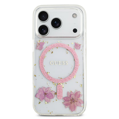 Apple iPhone 17 Pro Kılıf Guess Orjinal Lisanslı M-safe Şarj Özellikli Transparan Resin Flowers Kapak Mor