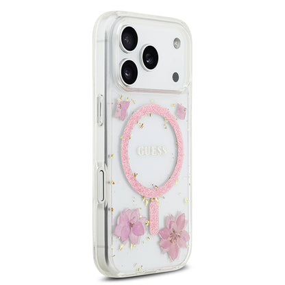Apple iPhone 17 Pro Kılıf Guess Orjinal Lisanslı M-safe Şarj Özellikli Transparan Resin Flowers Kapak Pembe