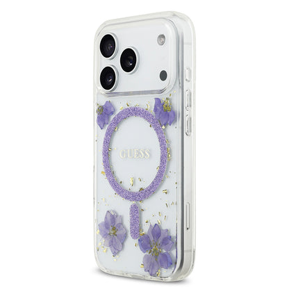 Apple iPhone 17 Pro Kılıf Guess Orjinal Lisanslı M-safe Şarj Özellikli Transparan Resin Flowers Kapak Mor