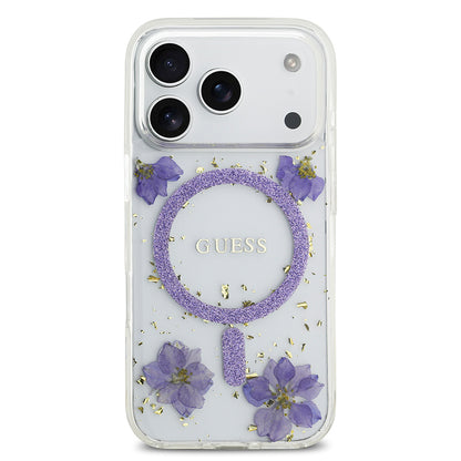 Apple iPhone 17 Pro Kılıf Guess Orjinal Lisanslı M-safe Şarj Özellikli Transparan Resin Flowers Kapak Mor