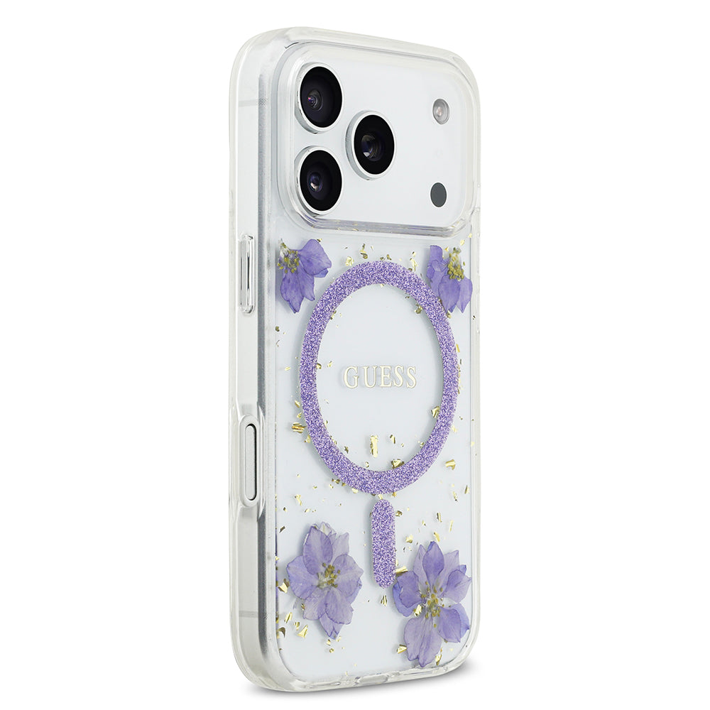 Apple iPhone 17 Pro Kılıf Guess Orjinal Lisanslı M-safe Şarj Özellikli Transparan Resin Flowers Kapak Pembe