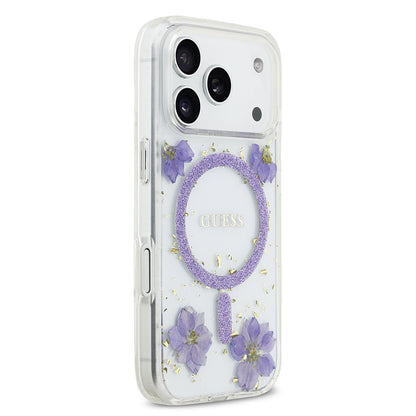 Apple iPhone 17 Pro Kılıf Guess Orjinal Lisanslı M-safe Şarj Özellikli Transparan Resin Flowers Kapak Pembe