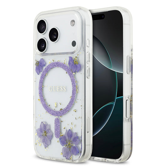 Apple iPhone 17 Pro Kılıf Guess Orjinal Lisanslı M-safe Şarj Özellikli Transparan Resin Flowers Kapak Mor