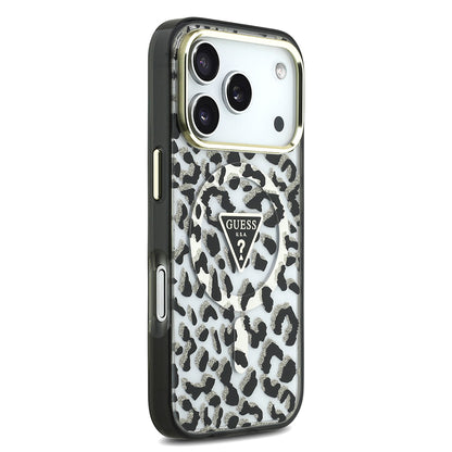 Apple iPhone 17 Pro Kılıf Guess Orjinal Lisanslı M-safe Şarj Özellikli Üçgen Logolu Simli Leopar Desenli Kapak Siyah