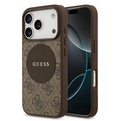 Apple iPhone 17 Pro Kılıf Guess Orjinal Lisanslı M-safe Şarj Özellikli Yazı Logolu Circle Classic Kapak  Kahverengi