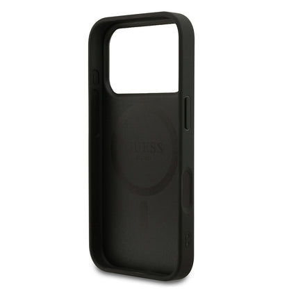 Apple iPhone 17 Pro Kılıf Guess Orjinal Lisanslı M-safe Şarj Özellikli Yazı Logolu PU Deri Kapak Siyah