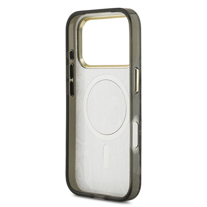 Apple iPhone 17 Pro Kılıf Guess Orjinal Lisanslı M-safe Şarj Özellikli Yazı Logolu Python Desenli Kapak Kahverengi