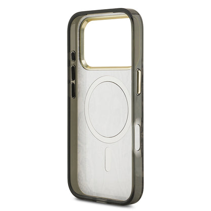 Apple iPhone 17 Pro Kılıf Guess Orjinal Lisanslı M-safe Şarj Özellikli Yazı Logolu Python Desenli Kapak Kahverengi