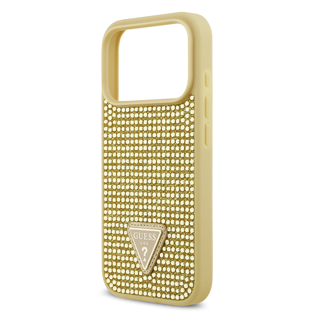 Apple iPhone 17 Pro Kılıf Guess Orjinal Lisanslı Taşlı Arka Yüzey Üçgen Logolu Kapak Gold