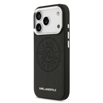 Apple iPhone 17 Pro Kılıf Karl Lagerfeld Orjinal Lisanslı M-safe Şarj Özellikli Delikli Tasarım Metal Logolu PU Deri Kapak Siyah