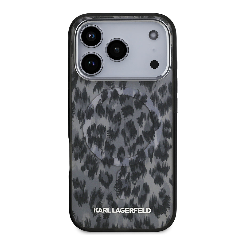 Apple iPhone 17 Pro Kılıf Karl Lagerfeld Orjinal Lisanslı M-safe Şarj Özellikli IML Leopar Baskılı Kapak Siyah