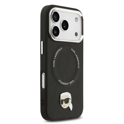 Apple iPhone 17 Pro Kılıf Karl Lagerfeld Orjinal Lisanslı M-safe Şarj Özellikli Metal Kamera ve Buton Tasarımlı Karl PU Deri Kapak Siyah