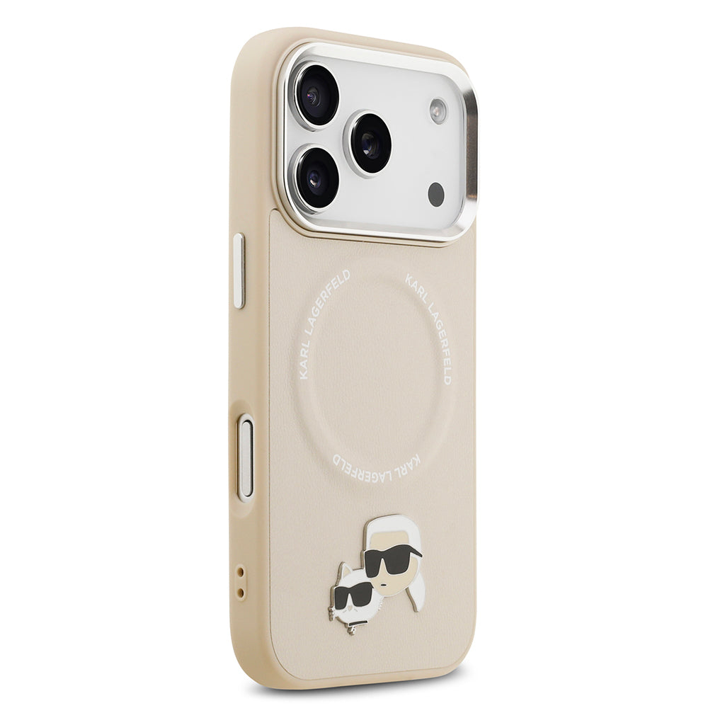 Apple iPhone 17 Pro Kılıf Karl Lagerfeld Orjinal Lisanslı M-safe Şarj Özellikli Metal Kamera ve Buton Tasarımlı K&C PU Deri Kapak Bej