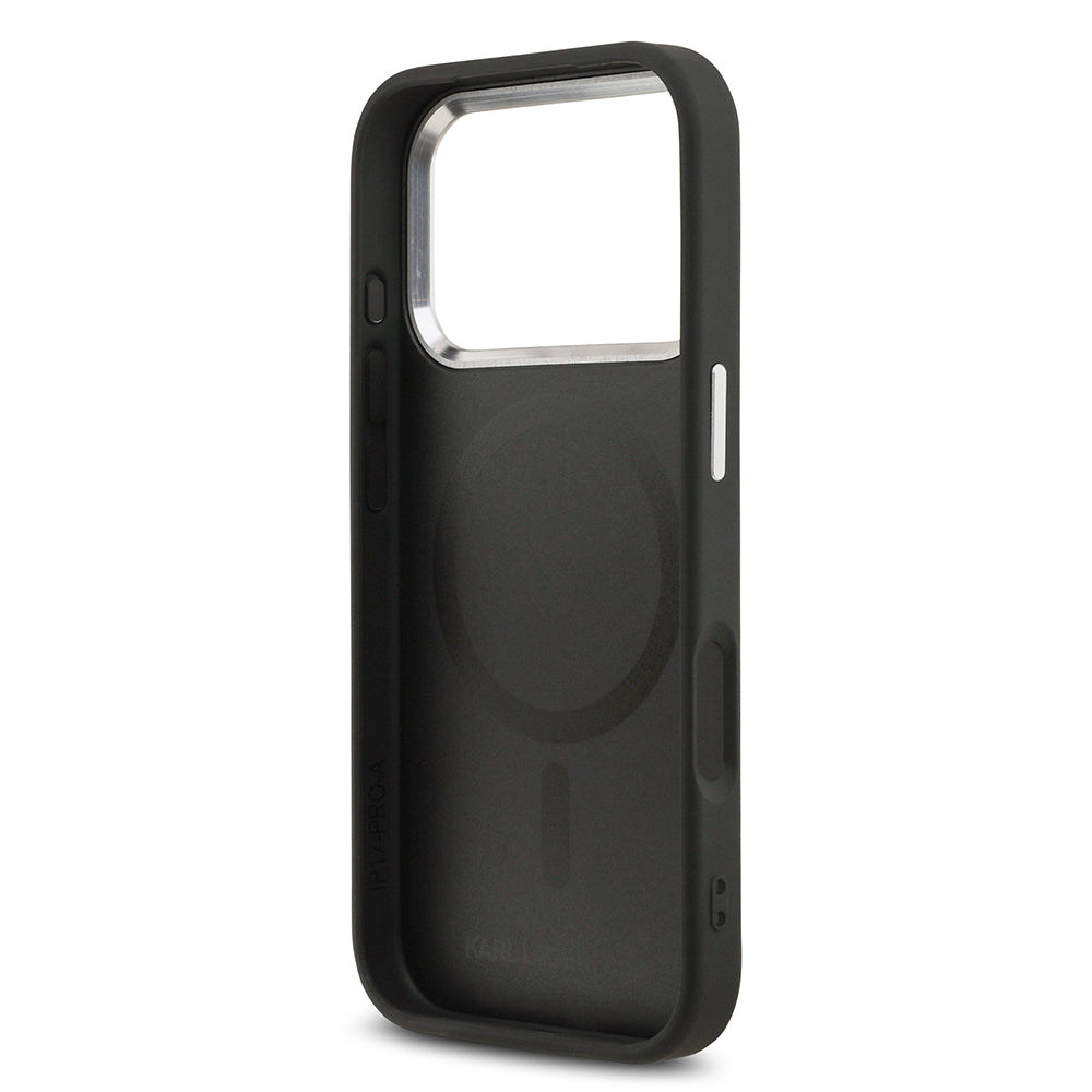 Apple iPhone 17 Pro Kılıf Karl Lagerfeld Orjinal Lisanslı M-safe Şarj Özellikli Metal Kamera ve Buton Tasarımlı K&C PU Deri Kapak Siyah