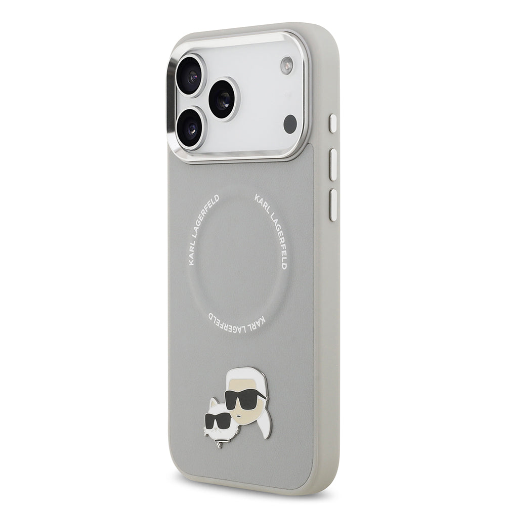 Apple iPhone 17 Pro Kılıf Karl Lagerfeld Orjinal Lisanslı M-safe Şarj Özellikli Metal Kamera ve Buton Tasarımlı K&C PU Deri Kapak Gri
