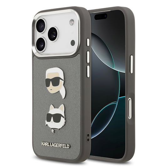 Apple iPhone 17 Pro Kılıf Karl Lagerfeld Orjinal Lisanslı Metal Logolu K&C Heads Pin Kapak Siyah