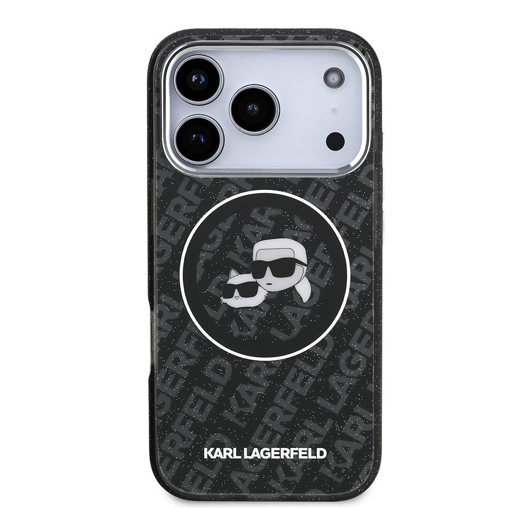 Apple iPhone 17 Pro Kılıf Karl Lagerfeld Orjinal Lisanslı Parlayan Simli Karl & Choupette Heads Kapak Siyah