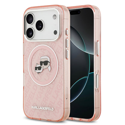 Apple iPhone 17 Pro Kılıf Karl Lagerfeld Orjinal Lisanslı Parlayan Simli Karl & Choupette Heads Kapak Pembe