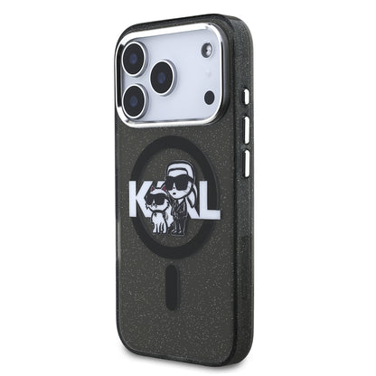 Apple iPhone 17 Pro Kılıf Karl Lagerfeld Orjinal Lisanslı Parlayan Simli Karl & Choupette Sketch Logo Kapak Siyah