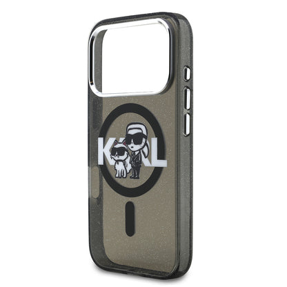 Apple iPhone 17 Pro Kılıf Karl Lagerfeld Orjinal Lisanslı Parlayan Simli Karl & Choupette Sketch Logo Kapak Siyah