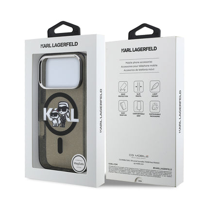 Apple iPhone 17 Pro Kılıf Karl Lagerfeld Orjinal Lisanslı Parlayan Simli Karl & Choupette Sketch Logo Kapak Siyah