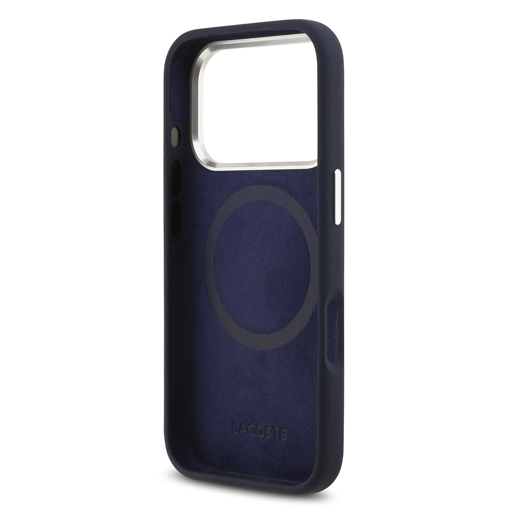 Apple iPhone 17 Pro Kılıf Lacoste Orjinal Lisanslı M-safe Şarj Özellikli İkonik Logolu Metal Kamera Çerçeveli Silikon Kapak Lacivert