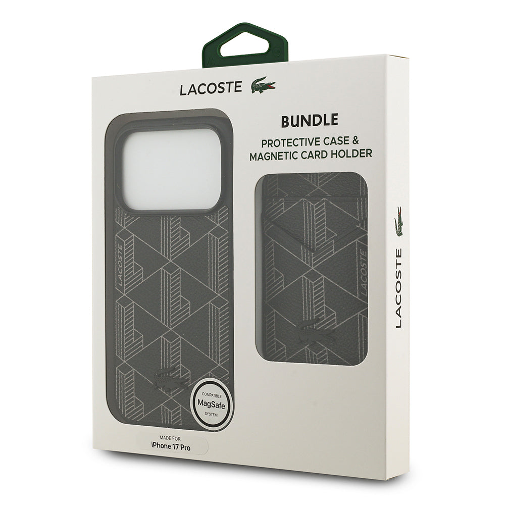 Apple iPhone 17 Pro Kılıf Lacoste Orjinal Lisanslı M-safe Şarj Özellikli PU Deri Tasarımlı Kartlıklı Karışık Monogram Desenli Kapak Siyah