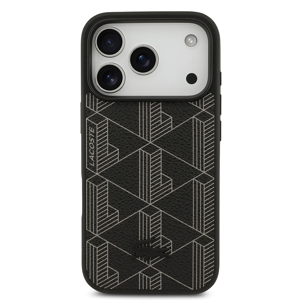 Apple iPhone 17 Pro Kılıf Lacoste Orjinal Lisanslı M-safe Şarj Özellikli PU Deri Tasarımlı Kartlıklı Karışık Monogram Desenli Kapak Siyah
