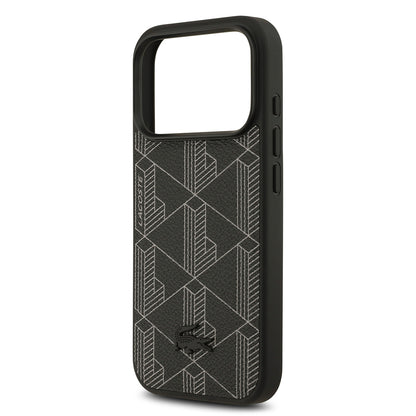 Apple iPhone 17 Pro Kılıf Lacoste Orjinal Lisanslı M-safe Şarj Özellikli PU Deri Tasarımlı Kartlıklı Karışık Monogram Desenli Kapak Siyah