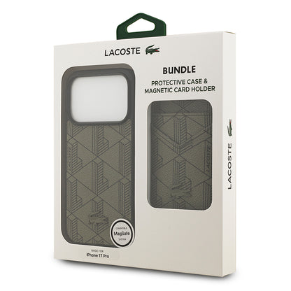 Apple iPhone 17 Pro Kılıf Lacoste Orjinal Lisanslı M-safe Şarj Özellikli PU Deri Tasarımlı Kartlıklı Karışık Monogram Desenli Kapak Siyah