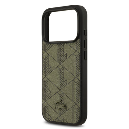 Apple iPhone 17 Pro Kılıf Lacoste Orjinal Lisanslı M-safe Şarj Özellikli PU Deri Tasarımlı Kartlıklı Karışık Monogram Desenli Kapak Yeşil