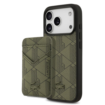 Apple iPhone 17 Pro Kılıf Lacoste Orjinal Lisanslı M-safe Şarj Özellikli PU Deri Tasarımlı Kartlıklı Karışık Monogram Desenli Kapak Yeşil