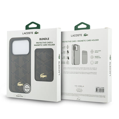Apple iPhone 17 Pro Kılıf Lacoste Orjinal Lisanslı M-safe Şarj Özellikli PU Deri Tasarımlı Kartlıklı Karışık Monogram Desenli Kapak