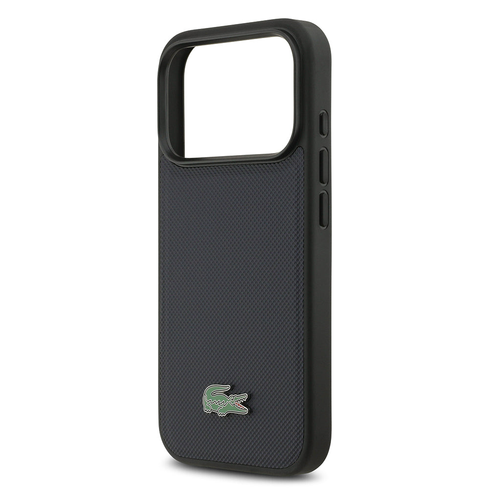 Apple iPhone 17 Pro Kılıf Lacoste Orjinal Lisanslı M-safe Şarj Özellikli PU Pike Desenli Metal Logolu Kartlıklı Kapak Siyah