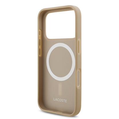 Apple iPhone 17 Pro Kılıf Lacoste Orjinal Lisanslı M-safe Şarj Özellikli PU Pike Desenli Metal Logolu Kartlıklı Kapak Bej