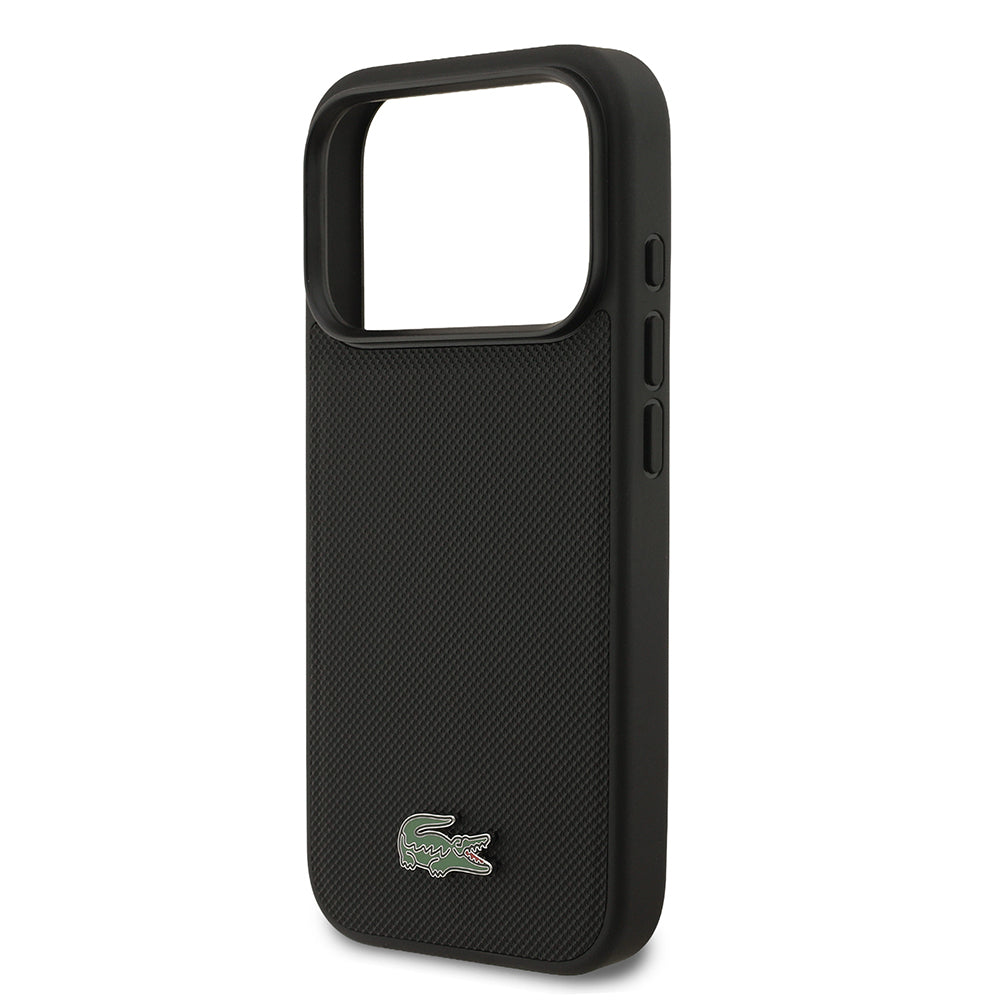Apple iPhone 17 Pro Kılıf Lacoste Orjinal Lisanslı M-safe Şarj Özellikli PU Pike Desenli Metal Logolu Kartlıklı Kapak Siyah