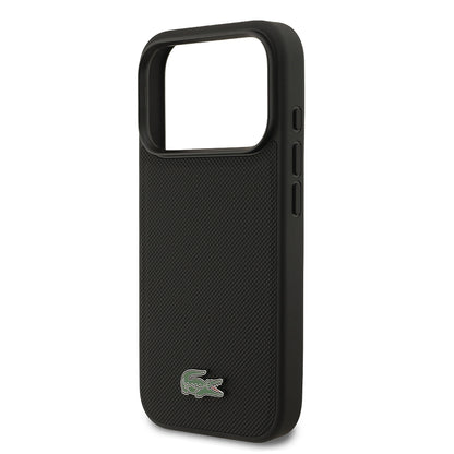 Apple iPhone 17 Pro Kılıf Lacoste Orjinal Lisanslı M-safe Şarj Özellikli PU Pike Desenli Metal Logolu Kartlıklı Kapak Lacivert