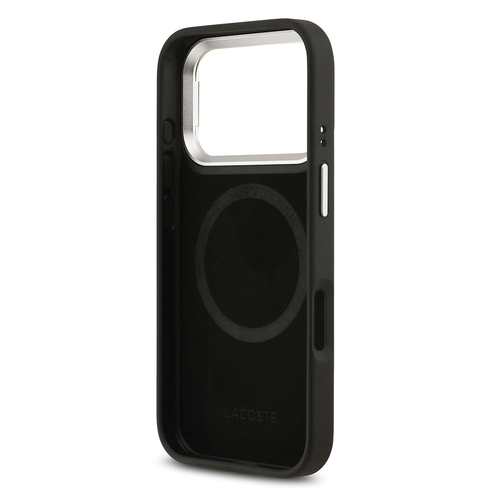 Apple iPhone 17 Pro Kılıf Lacoste Orjinal Lisanslı M-safe Şarj Özellikli PU Pike Desenli Standlı Metal Logolu Kapak Siyah