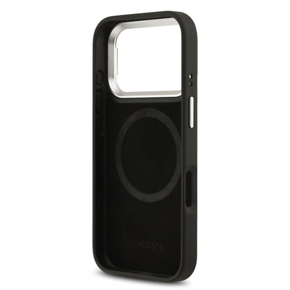 Apple iPhone 17 Pro Kılıf Lacoste Orjinal Lisanslı M-safe Şarj Özellikli PU Pike Desenli Standlı Metal Logolu Kapak Siyah