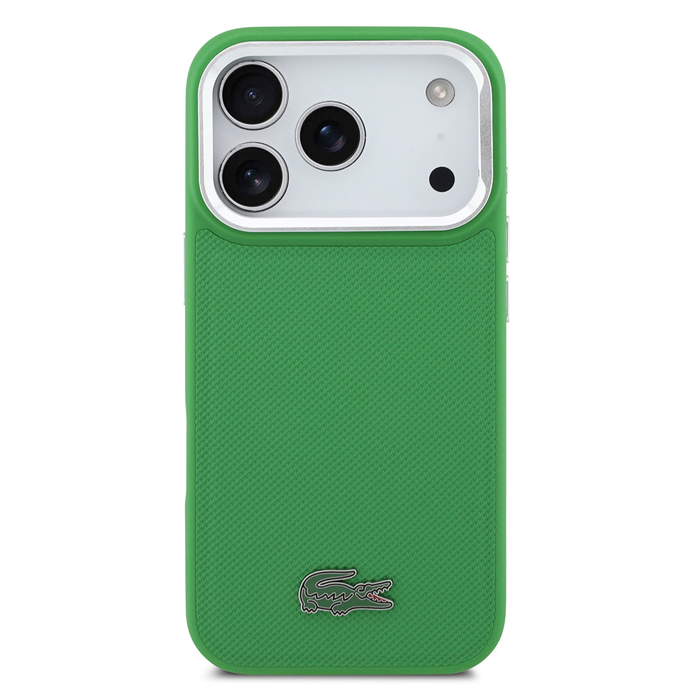 Apple iPhone 17 Pro Kılıf Lacoste Orjinal Lisanslı M-safe Şarj Özellikli PU Pike Desenli Standlı Metal Logolu Kapak Siyah